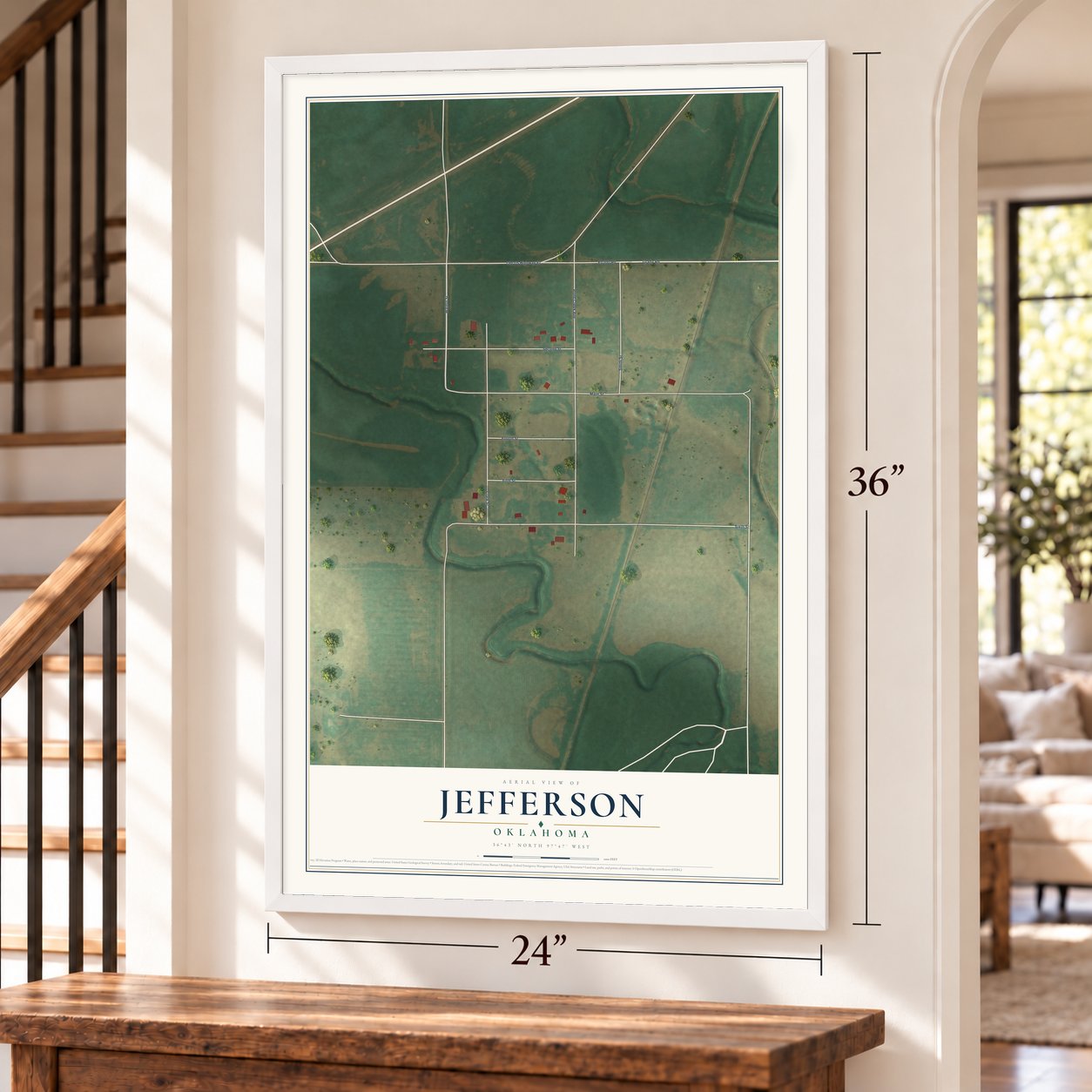 Jefferson, Oklahoma map, 24 x 36 inch print in a white frame by a staircase