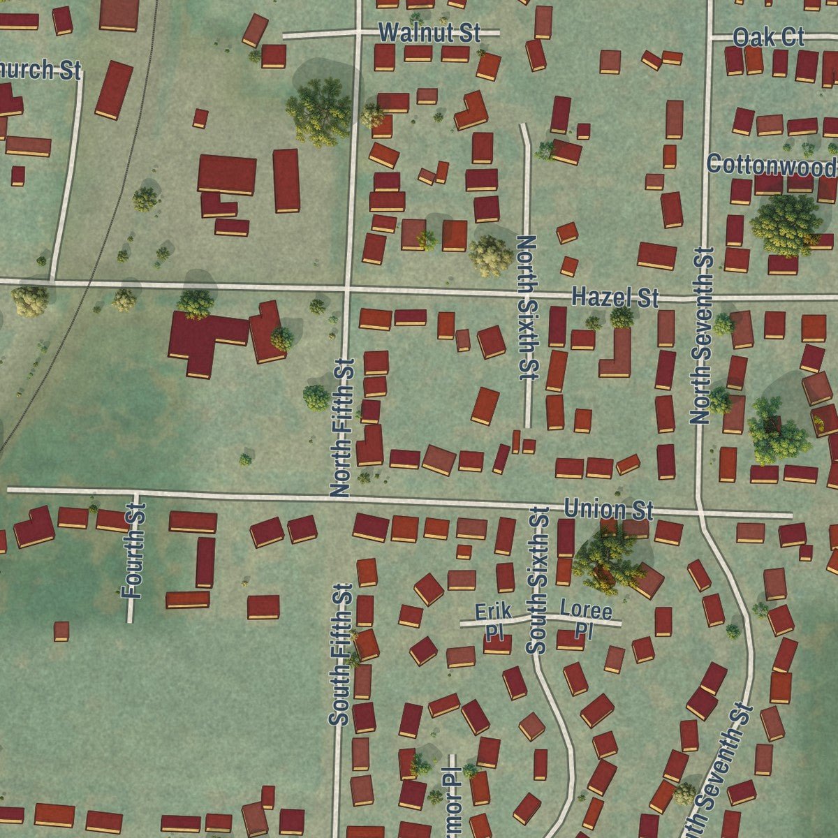 Second close-up of the map of Jefferson, Oregon print showing more streets and buildings
