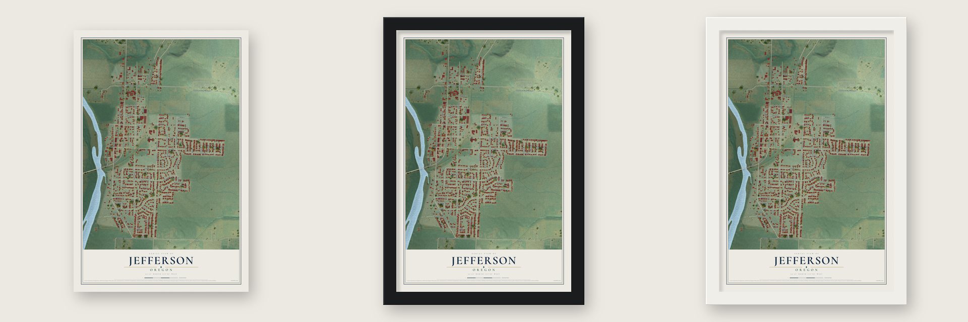 Jefferson, Oregon map unframed, in a black wood frame and in a white wood frame
