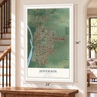 Jefferson, Oregon map, 24 x 36 inch print in a white frame by a staircase