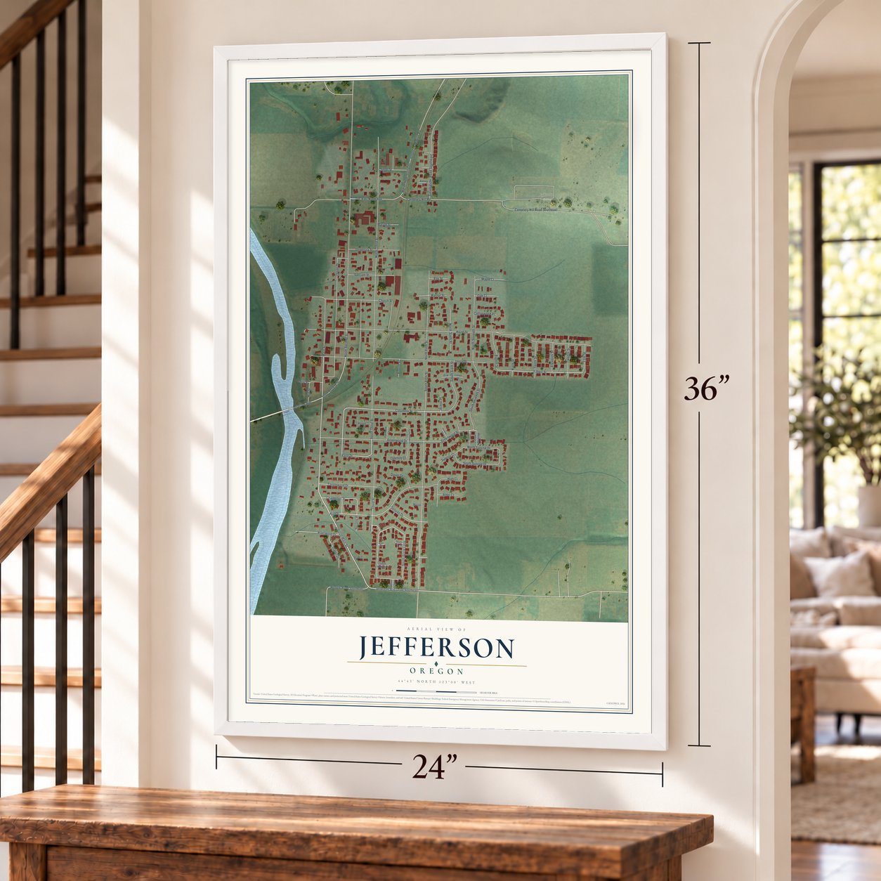 Jefferson, Oregon map, 24 x 36 inch print in a white frame by a staircase