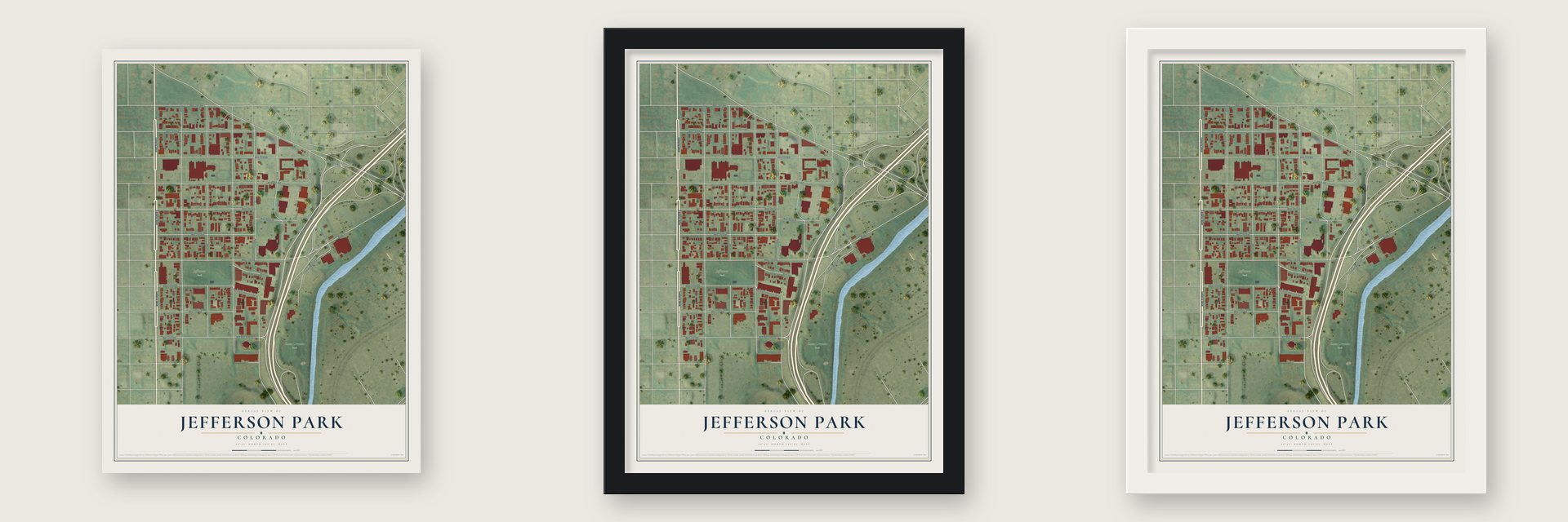 Jefferson Park, Colorado map unframed, in a black wood frame and in a white wood frame