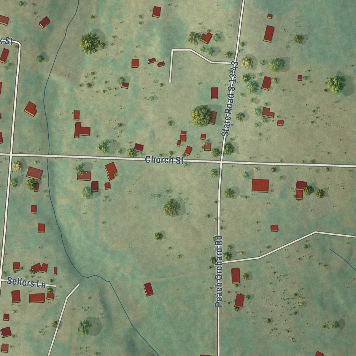 Second close-up of the map of Jefferson, South Carolina print showing more streets and buildings
