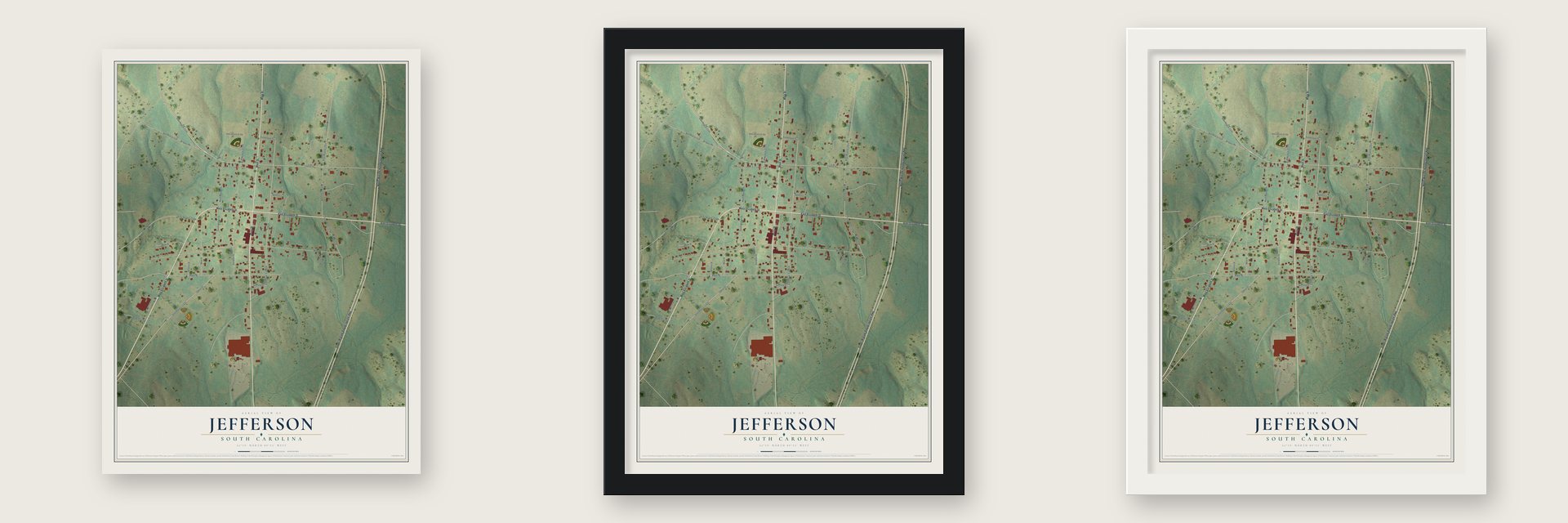 Jefferson, South Carolina map unframed, in a black wood frame and in a white wood frame
