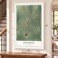 Jefferson, South Carolina map, 24 x 36 inch print in a white frame by a staircase