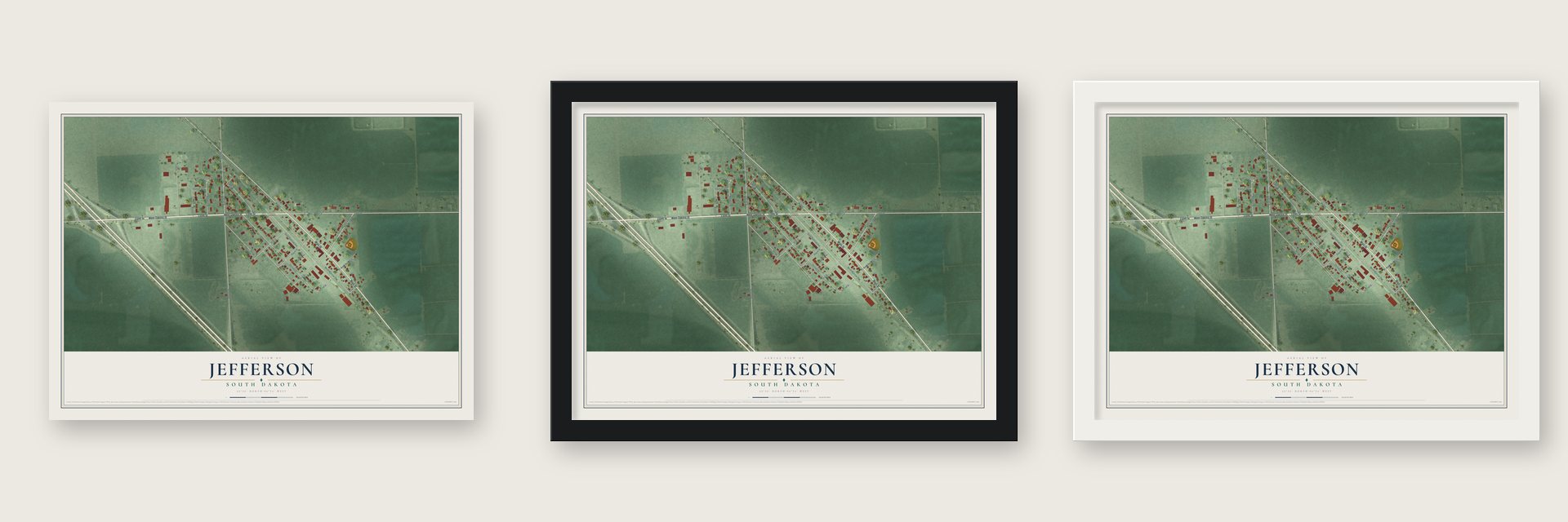 Jefferson, South Dakota map unframed, in a black wood frame and in a white wood frame
