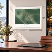 Jefferson, South Dakota map, 18 x 24 inch print in a white frame in a home office