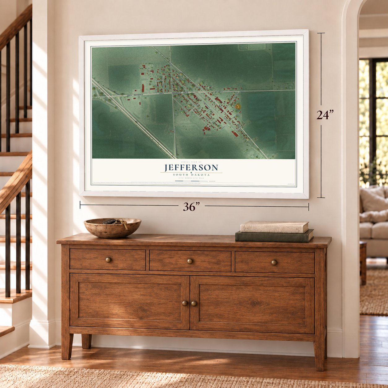 Jefferson, South Dakota map, 24 x 36 inch print in a white frame above a dresser by a staircase