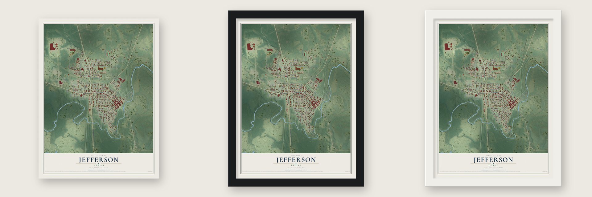 Jefferson, Texas map unframed, in a black wood frame and in a white wood frame