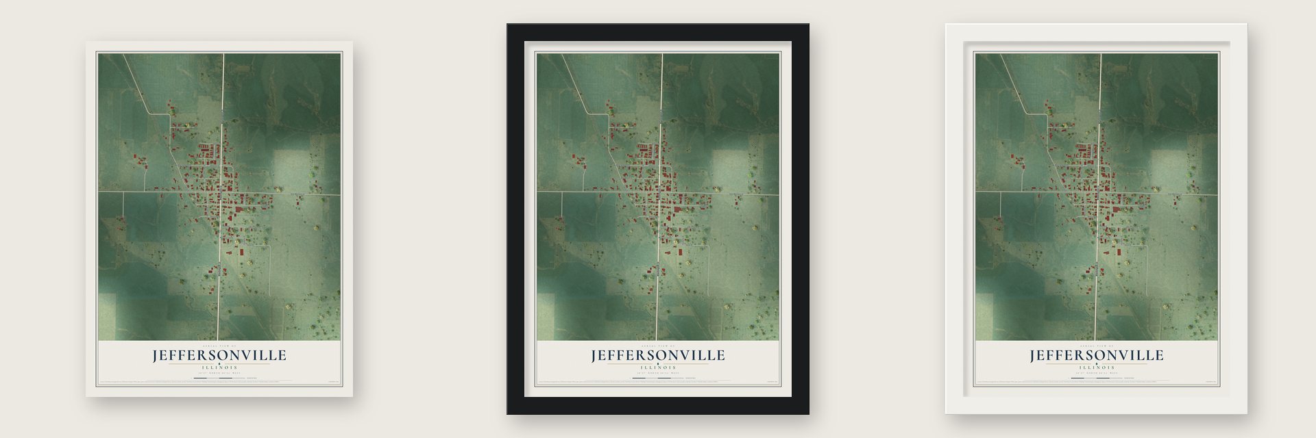 Jeffersonville, Illinois map unframed, in a black wood frame and in a white wood frame
