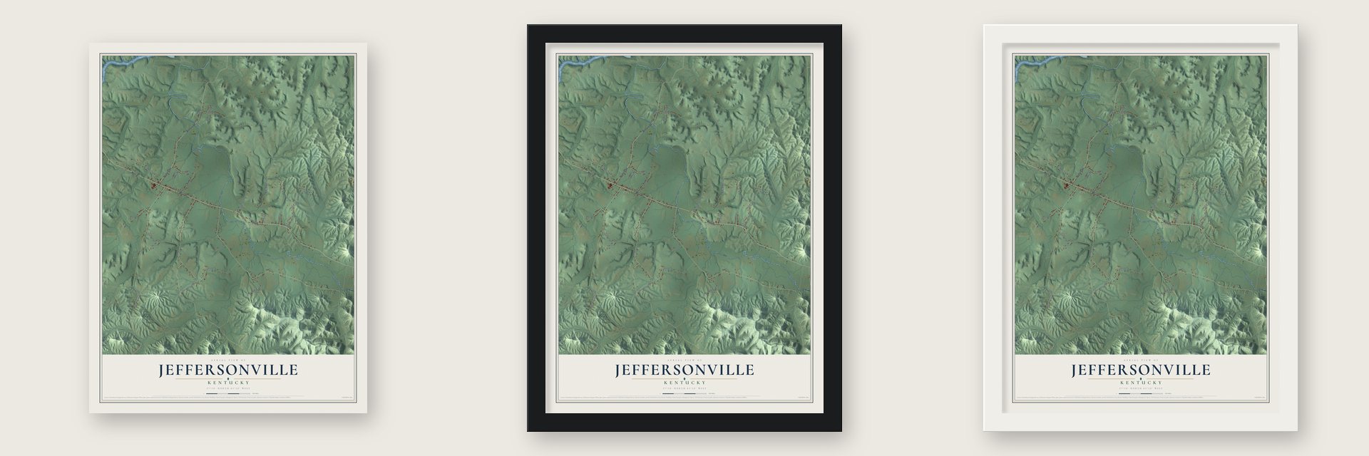 Jeffersonville, Kentucky map unframed, in a black wood frame and in a white wood frame