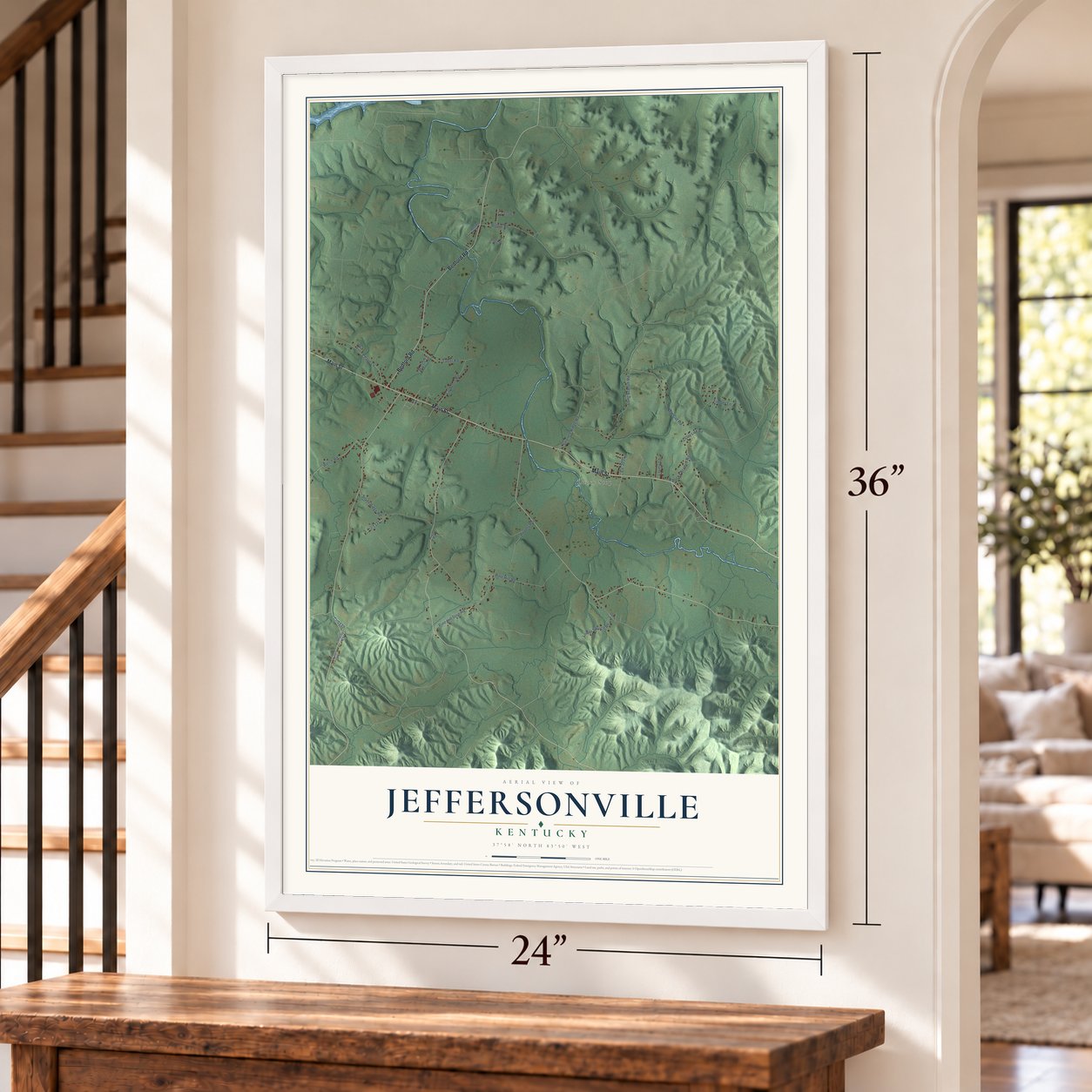 Jeffersonville, Kentucky map, 24 x 36 inch print in a white frame by a staircase