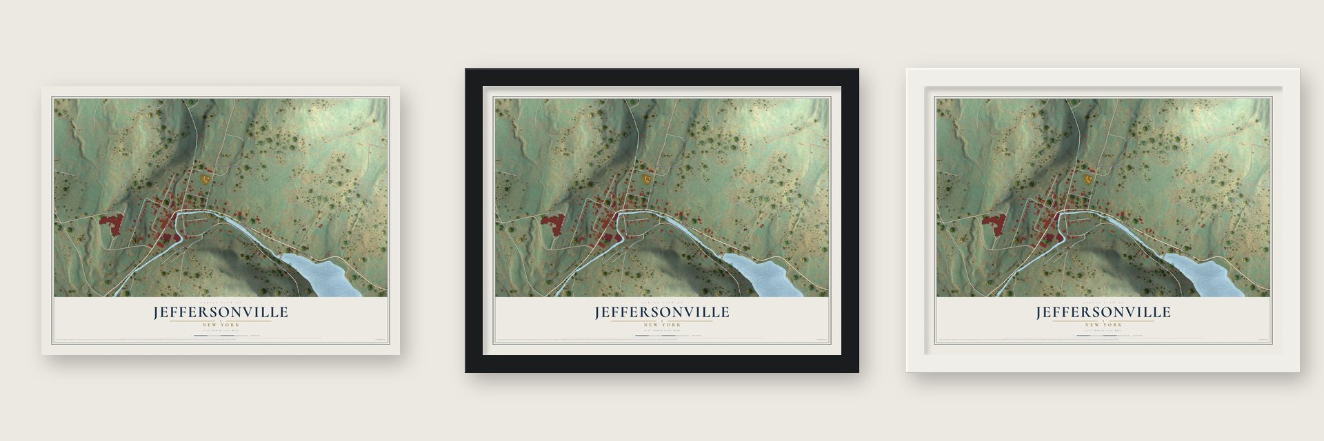 Jeffersonville, New York map unframed, in a black wood frame and in a white wood frame