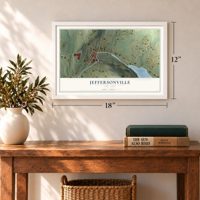 Jeffersonville, New York map, 12 x 18 inch print in a white frame in an entryway