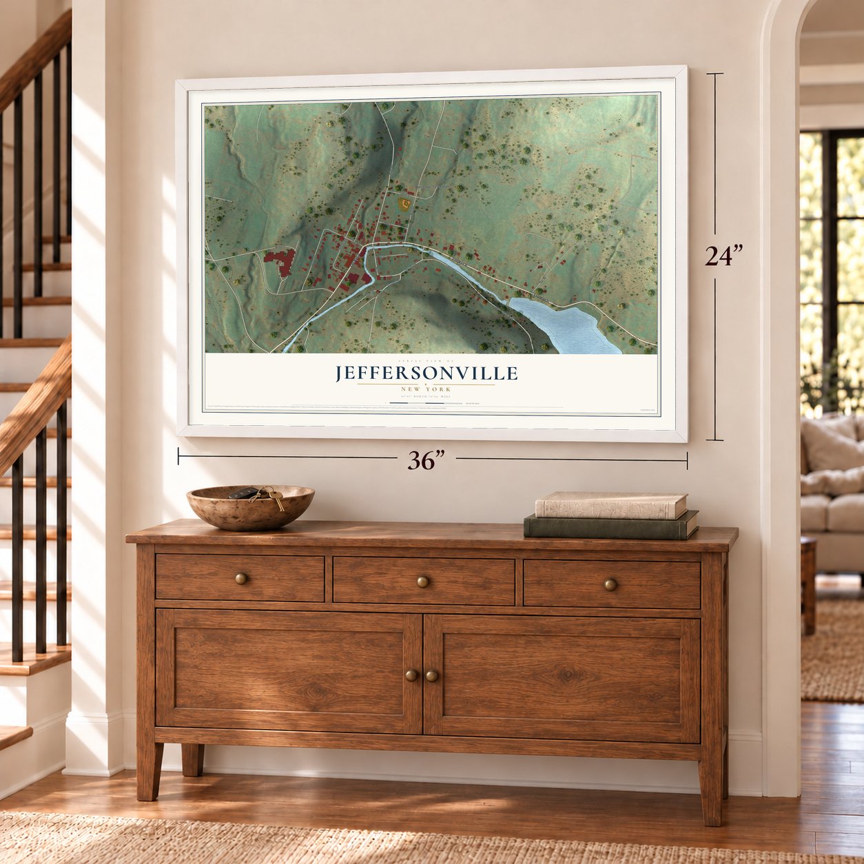 Jeffersonville, New York map, 24 x 36 inch print in a white frame above a dresser by a staircase