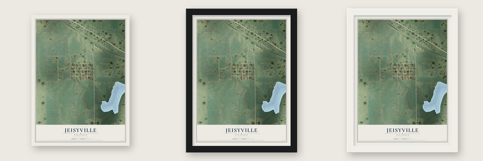 Jeisyville, Illinois map unframed, in a black wood frame and in a white wood frame