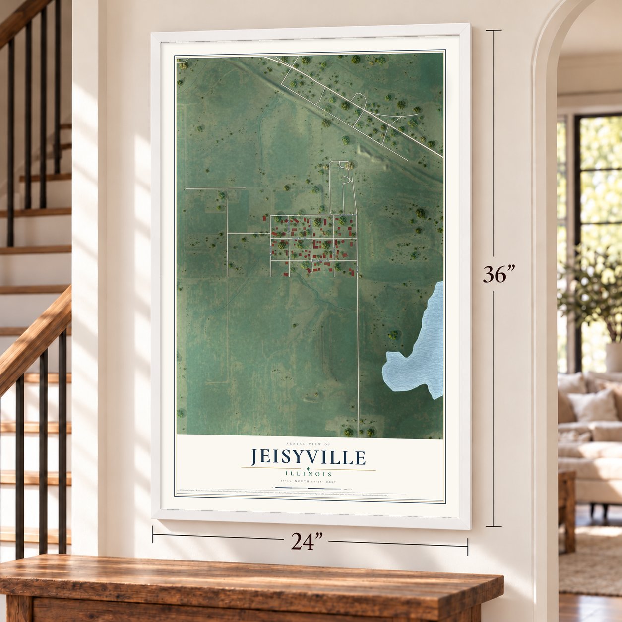 Jeisyville, Illinois map, 24 x 36 inch print in a white frame by a staircase