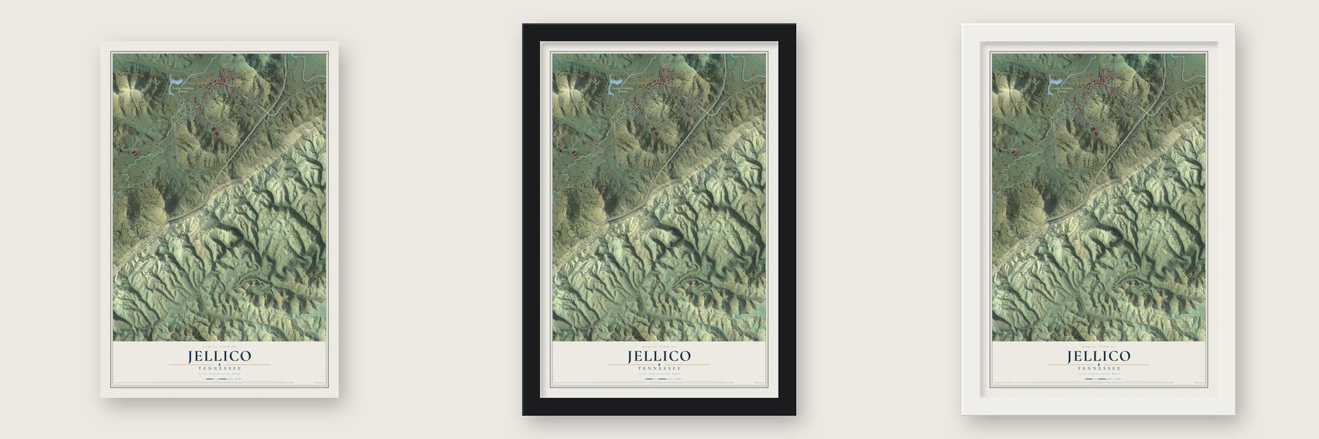 Jellico, Tennessee map unframed, in a black wood frame and in a white wood frame