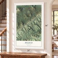 Jellico, Tennessee map, 24 x 36 inch print in a white frame by a staircase
