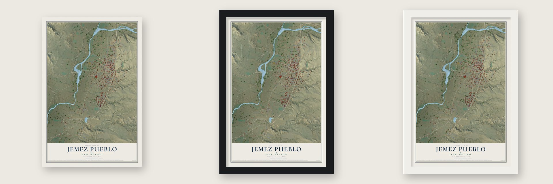 Jemez Pueblo, New Mexico map unframed, in a black wood frame and in a white wood frame