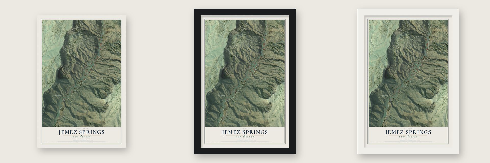 Jemez Springs, New Mexico map unframed, in a black wood frame and in a white wood frame