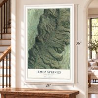 Jemez Springs, New Mexico map, 24 x 36 inch print in a white frame by a staircase