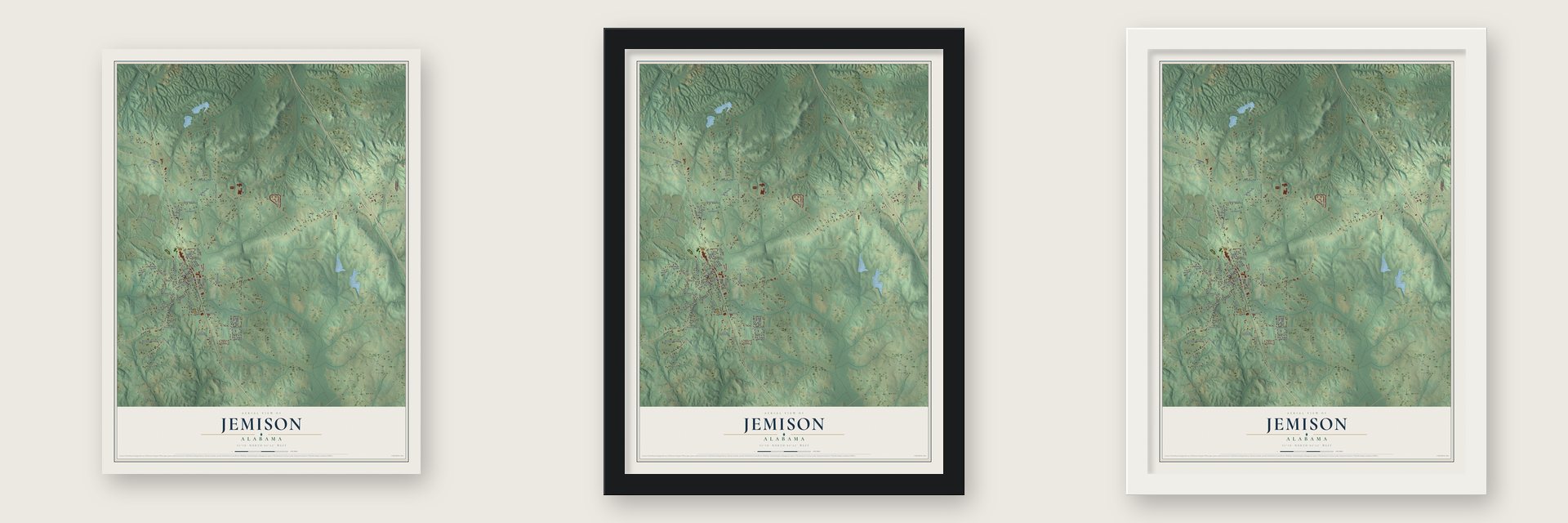 Jemison, Alabama map unframed, in a black wood frame and in a white wood frame