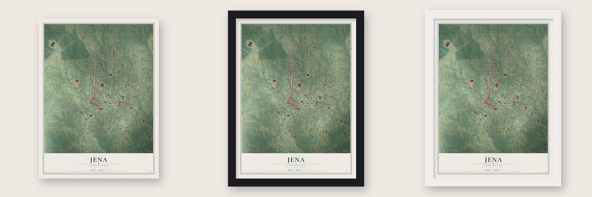Jena, Louisiana map unframed, in a black wood frame and in a white wood frame