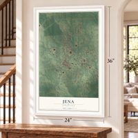 Jena, Louisiana map, 24 x 36 inch print in a white frame by a staircase