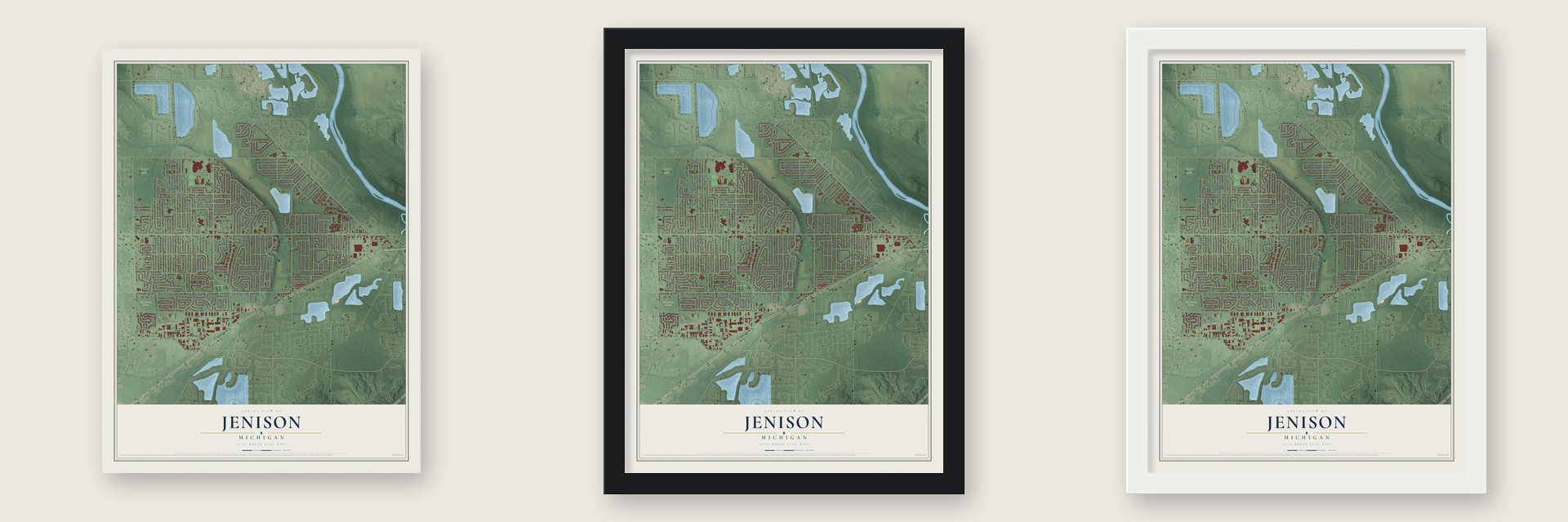 Jenison, Michigan map unframed, in a black wood frame and in a white wood frame