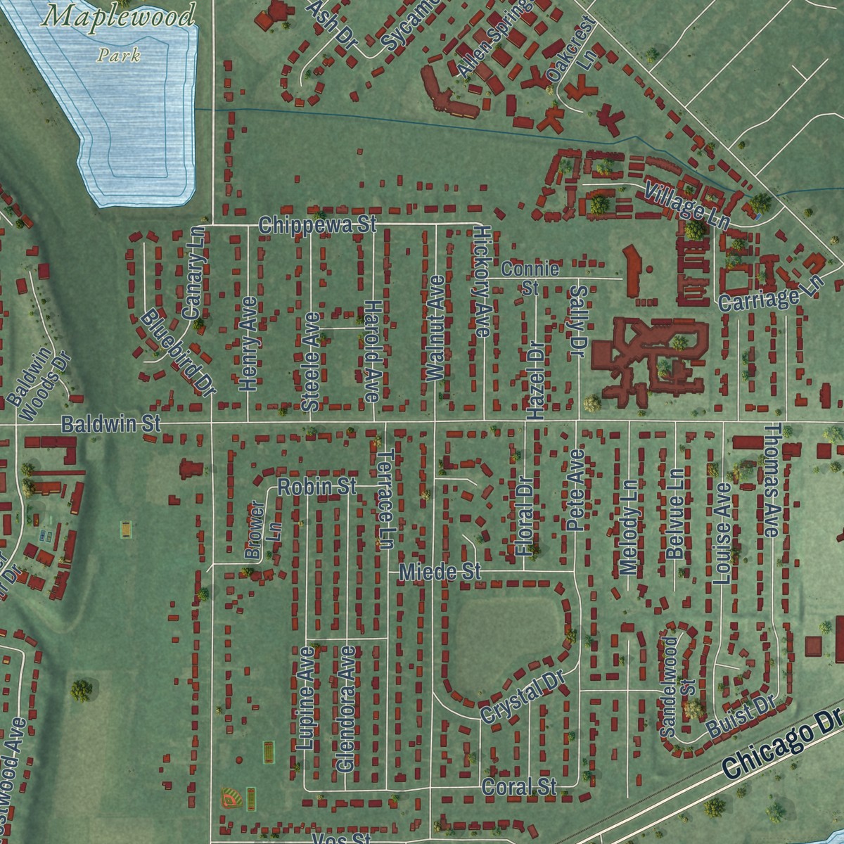 Second close-up of the map of Jenison, Michigan print showing more streets and buildings