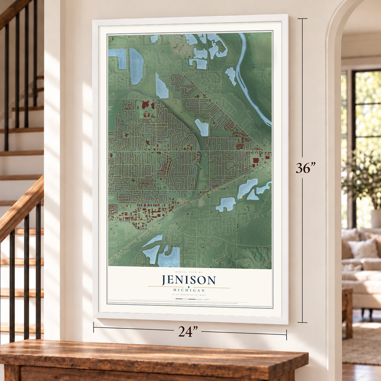 Jenison, Michigan map, 24 x 36 inch print in a white frame by a staircase