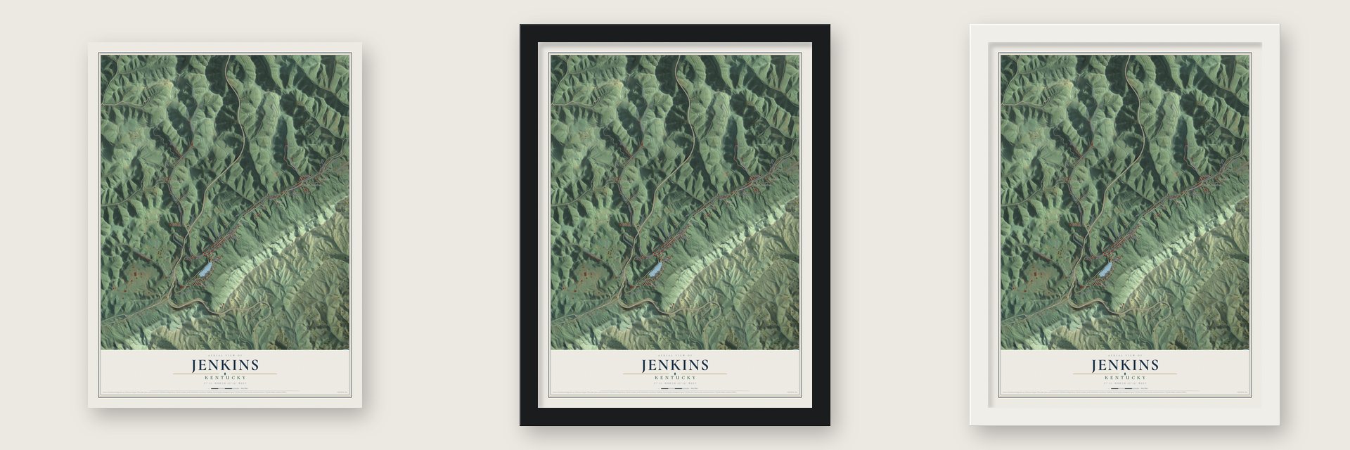 Jenkins, Kentucky map unframed, in a black wood frame and in a white wood frame