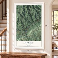 Jenkins, Kentucky map, 24 x 36 inch print in a white frame by a staircase