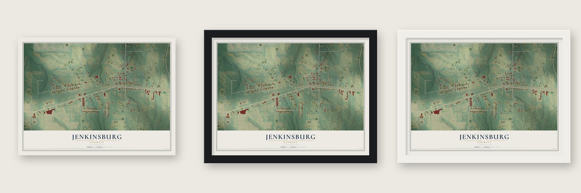 Jenkinsburg, Georgia map unframed, in a black wood frame and in a white wood frame