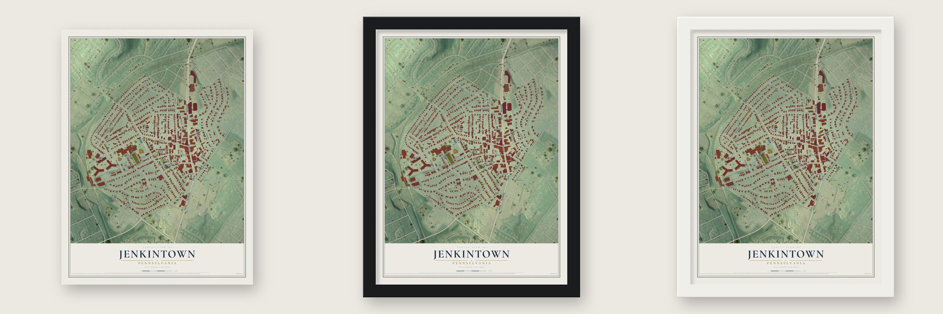 Jenkintown, Pennsylvania map unframed, in a black wood frame and in a white wood frame