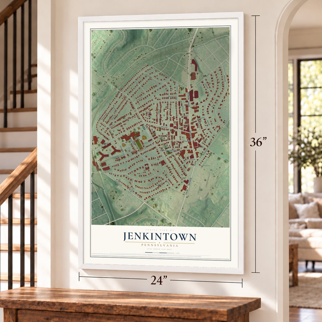 Jenkintown, Pennsylvania map, 24 x 36 inch print in a white frame by a staircase