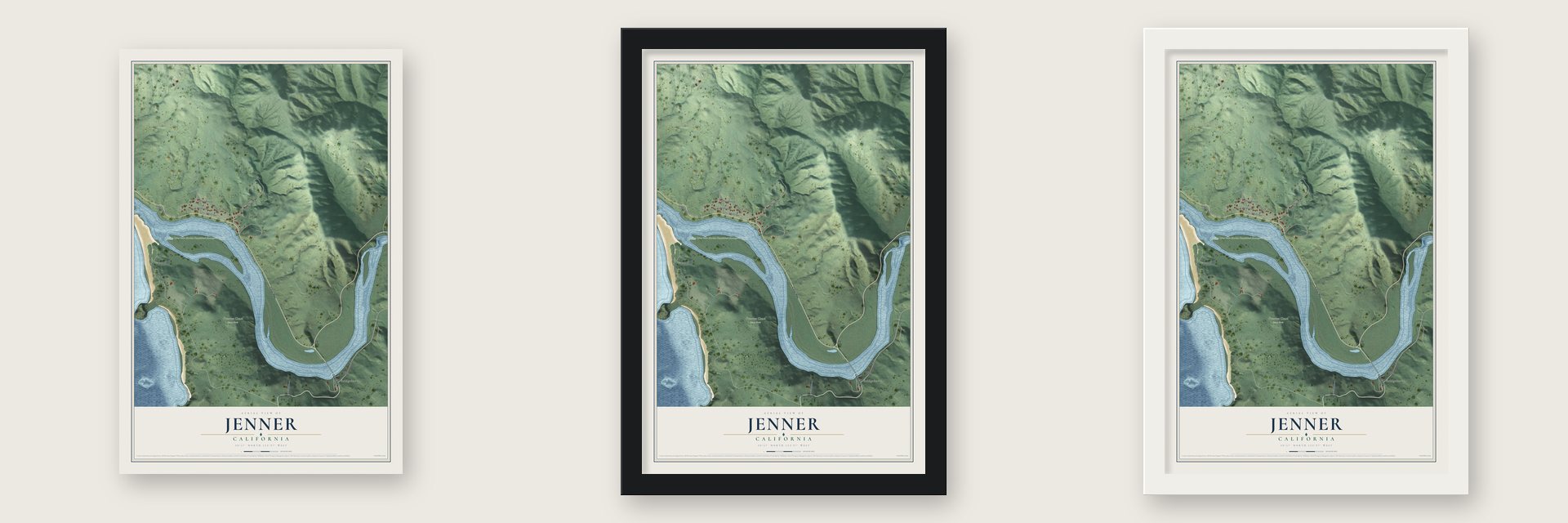 Jenner, California map unframed, in a black wood frame and in a white wood frame