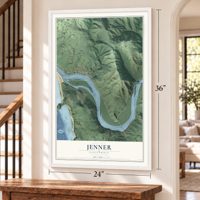 Jenner, California map, 24 x 36 inch print in a white frame by a staircase