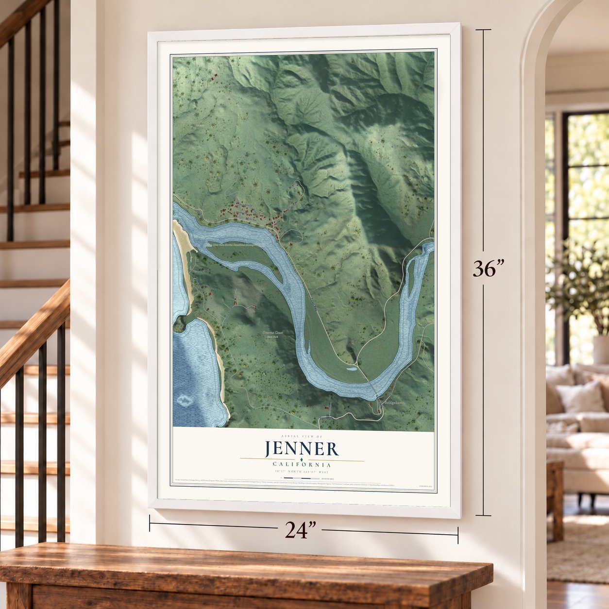 Jenner, California map, 24 x 36 inch print in a white frame by a staircase