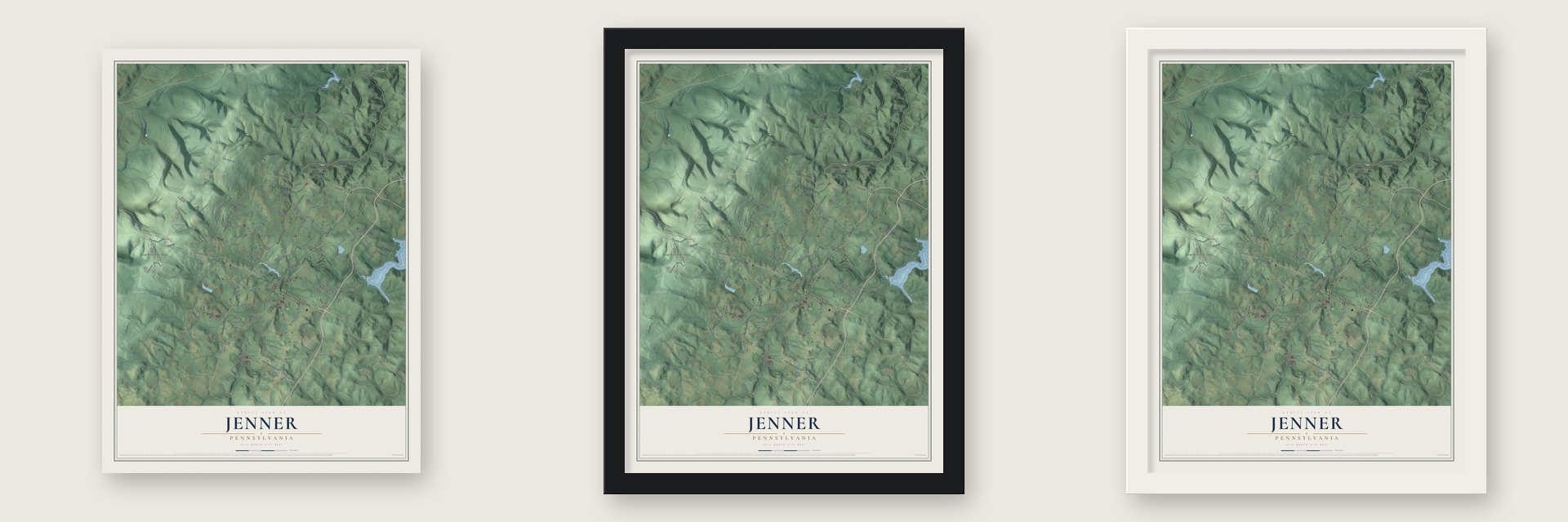 Jenner, Pennsylvania map unframed, in a black wood frame and in a white wood frame