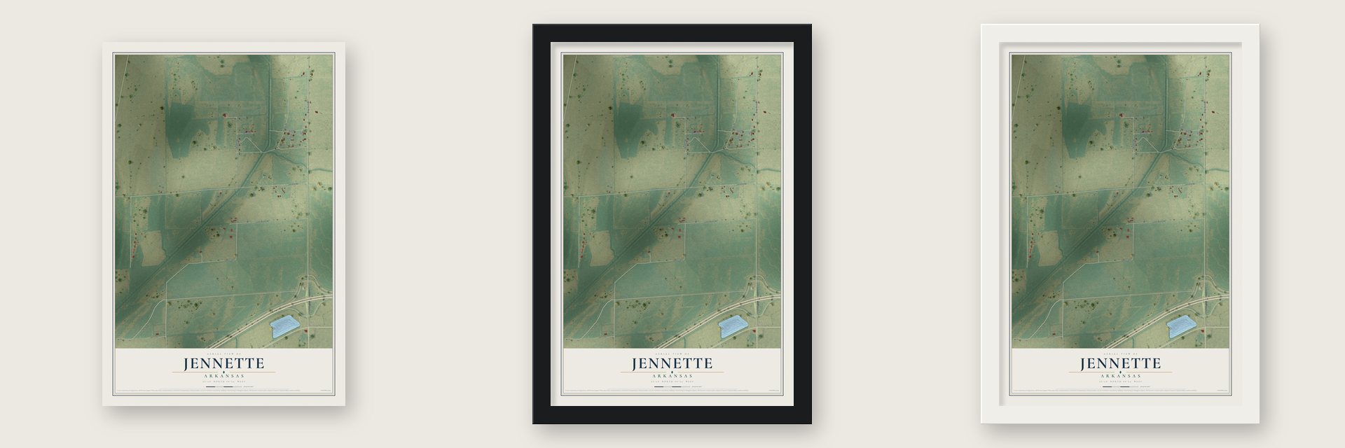 Jennette, Arkansas map unframed, in a black wood frame and in a white wood frame