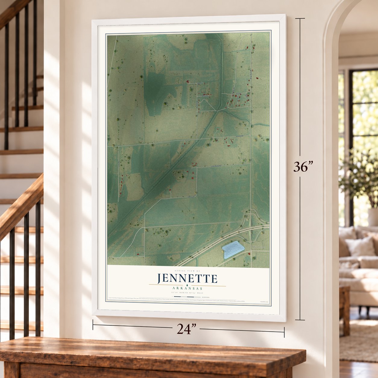 Jennette, Arkansas map, 24 x 36 inch print in a white frame by a staircase