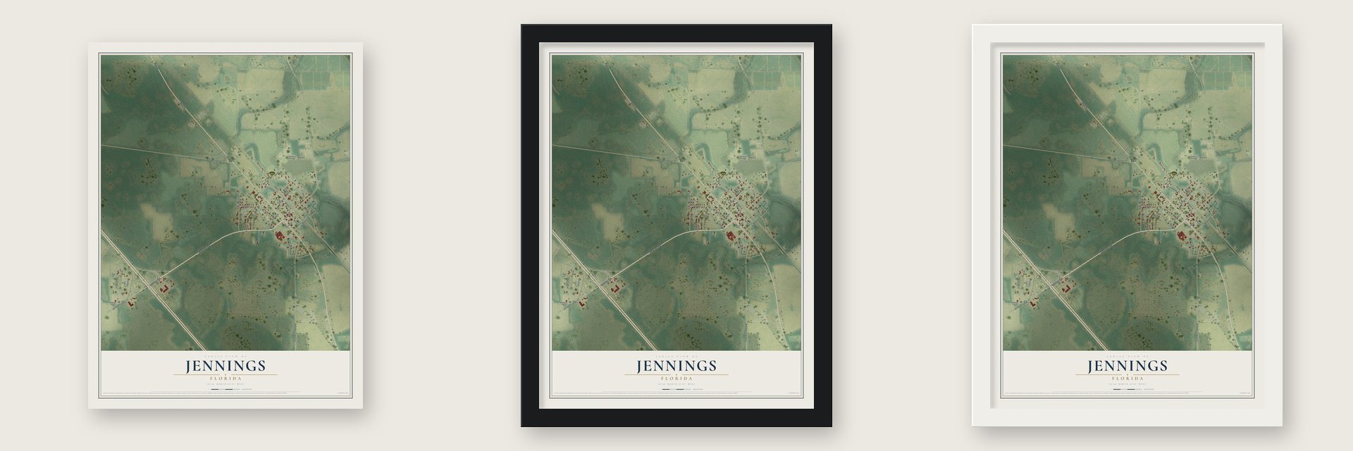 Jennings, Florida map unframed, in a black wood frame and in a white wood frame