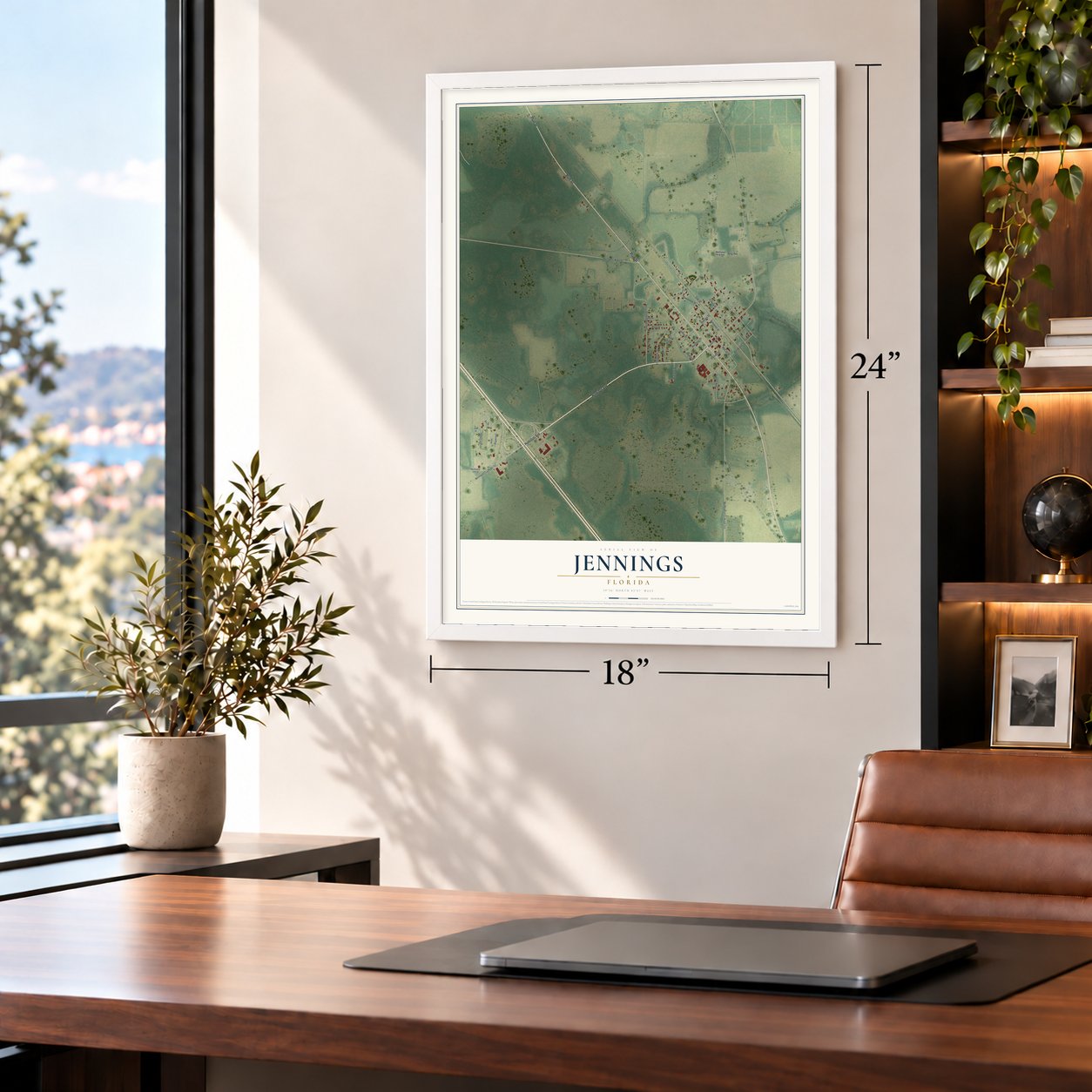 Jennings, Florida map, 18 x 24 inch print in a white frame in a home office