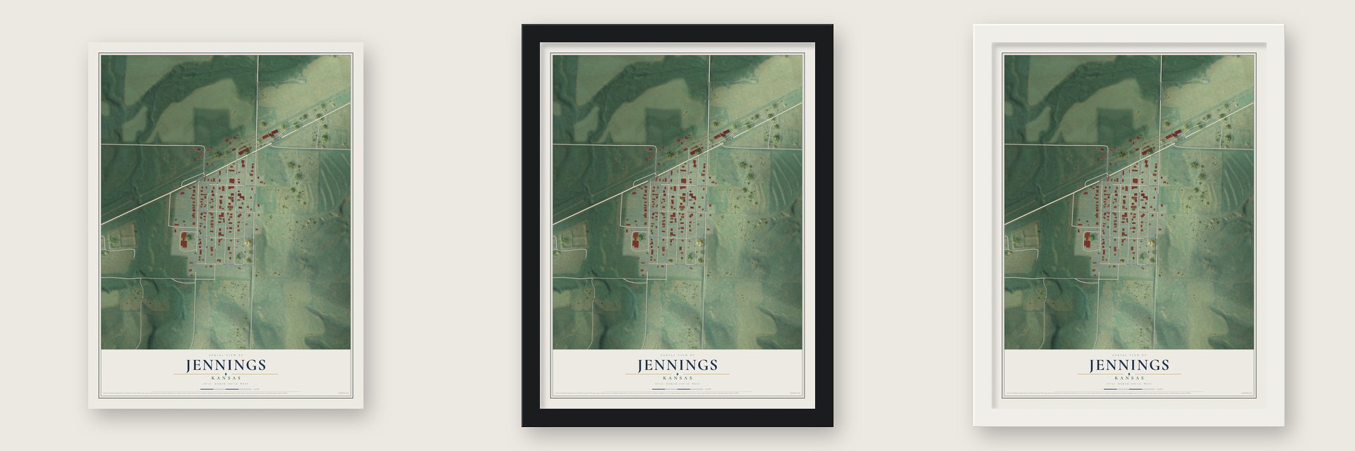 Jennings, Kansas map unframed, in a black wood frame and in a white wood frame