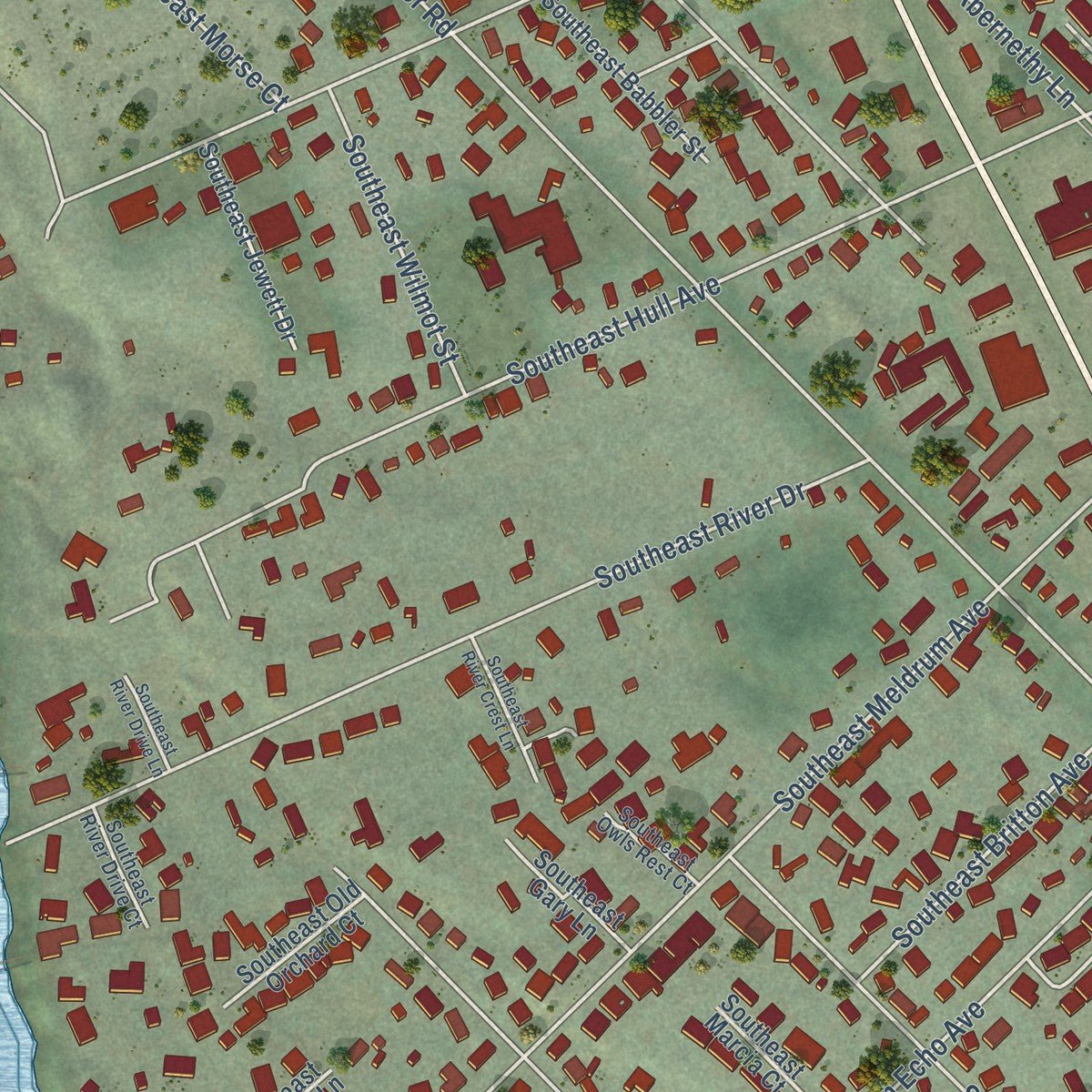 Second close-up of the map of Jennings Lodge, Oregon print showing more streets and buildings