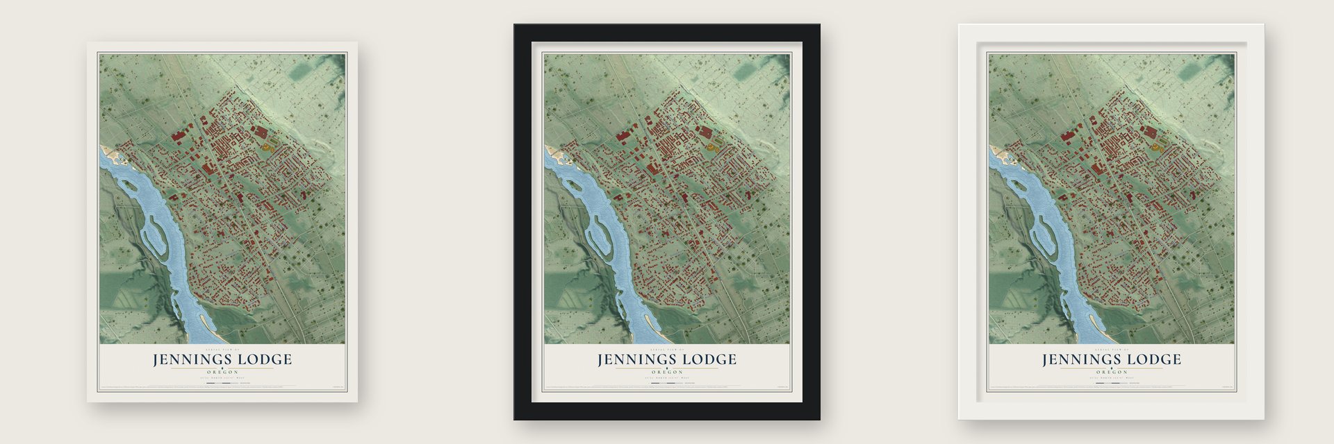 Jennings Lodge, Oregon map unframed, in a black wood frame and in a white wood frame