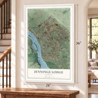 Jennings Lodge, Oregon map, 24 x 36 inch print in a white frame by a staircase