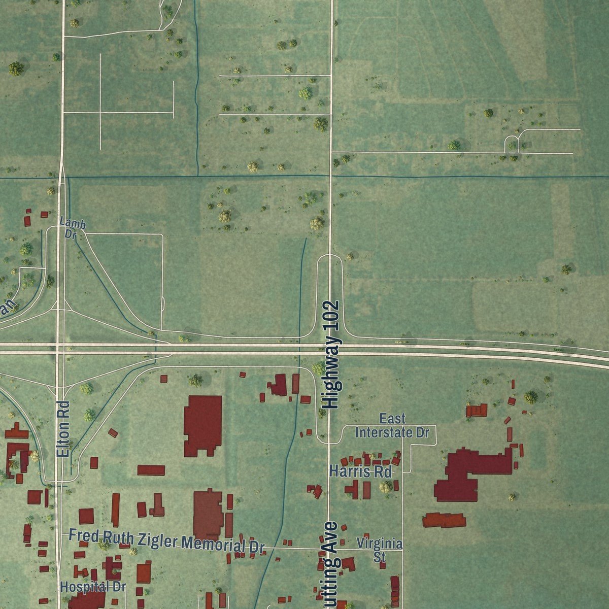 Second close-up of the map of Jennings, Louisiana print showing more streets and buildings